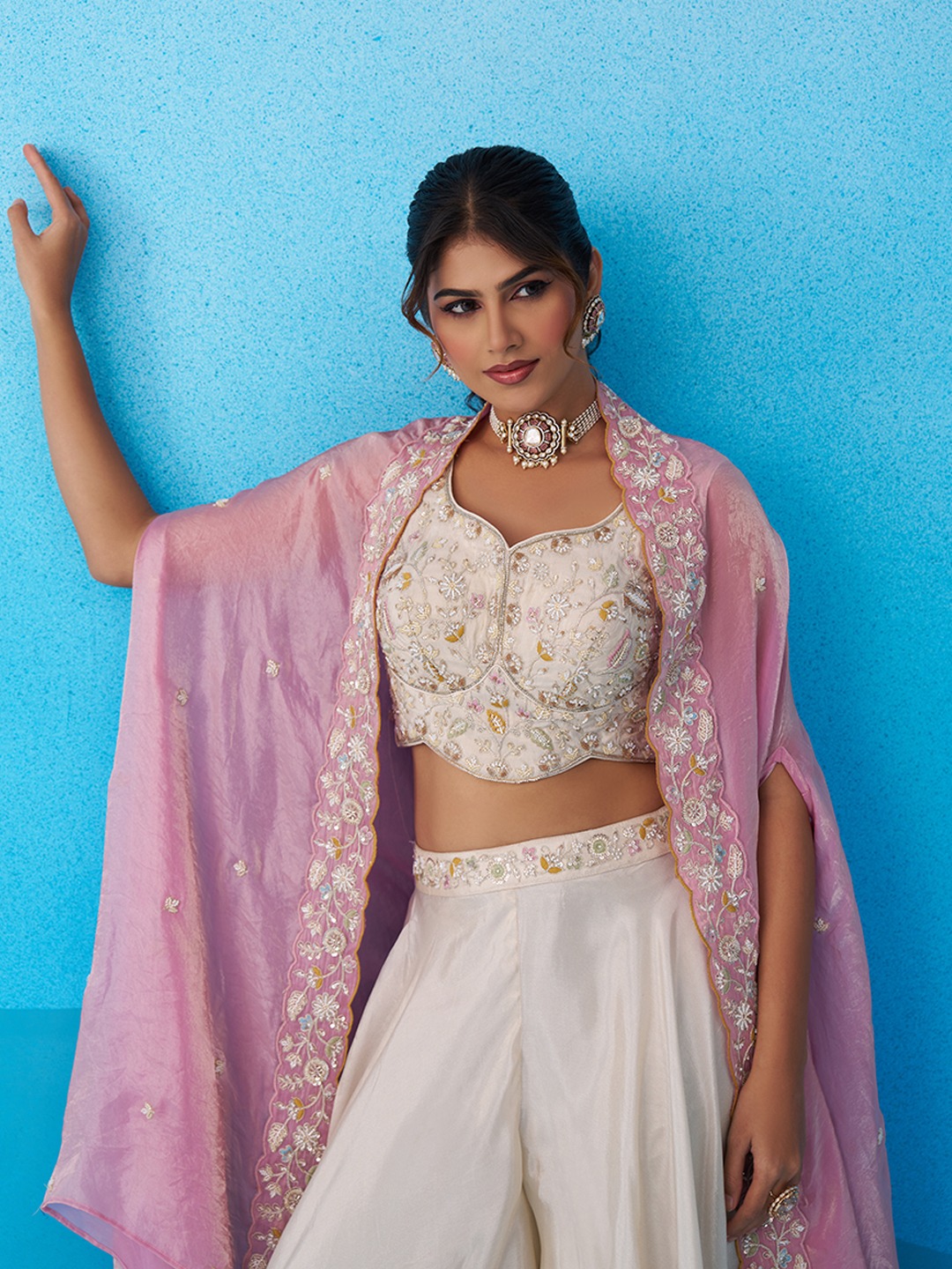Cream Regal Layered Embroidered Viscose Indo Western Set