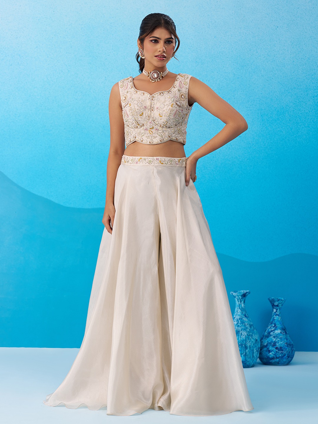 Cream Regal Layered Embroidered Viscose Indo Western Set