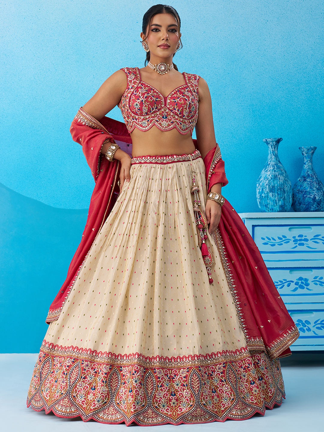 Cream Regal Sequins Embroidered Jacquard Bridal Lehenga