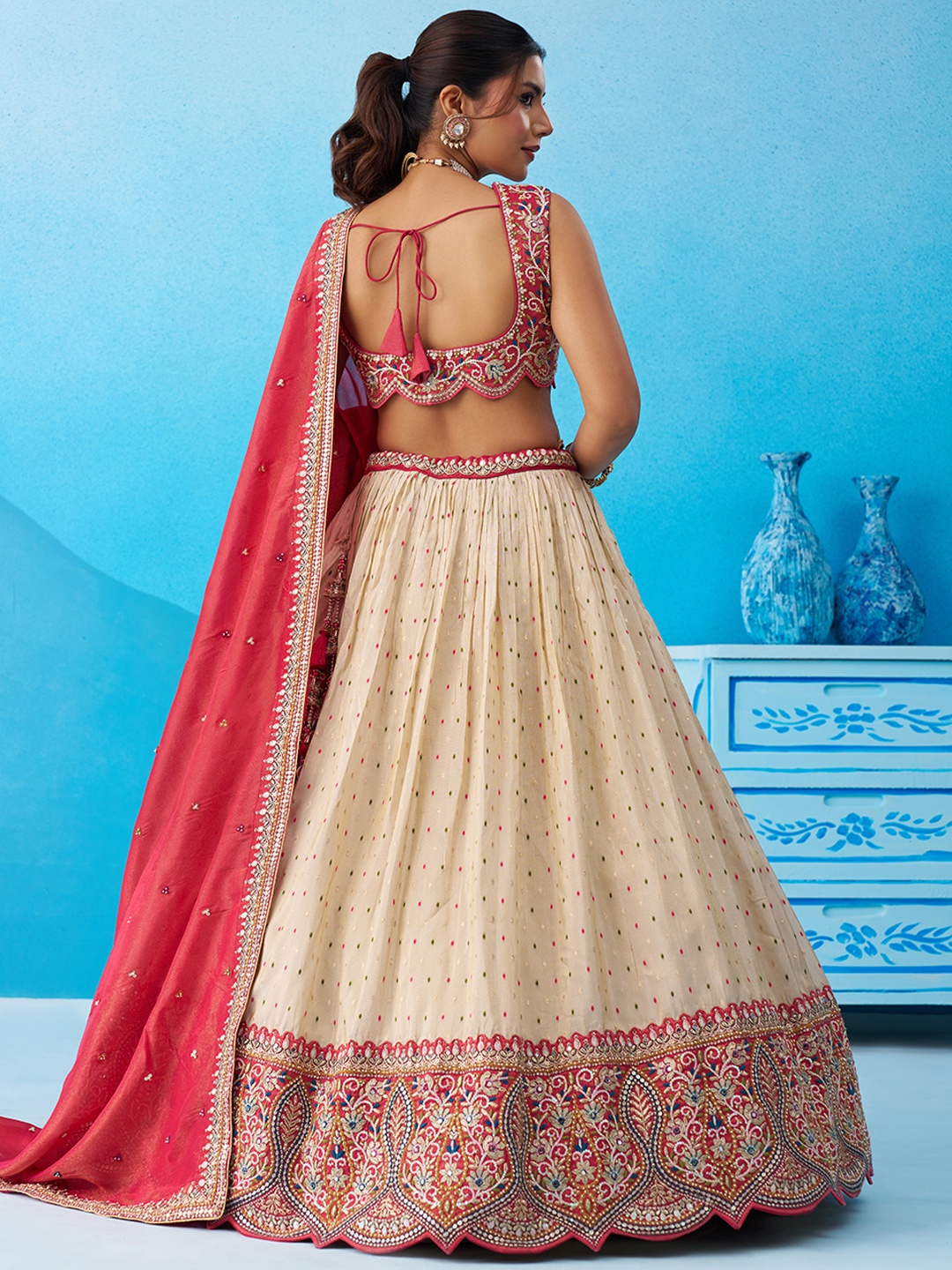 Cream Regal Sequins Embroidered Jacquard Bridal Lehenga — alternate view