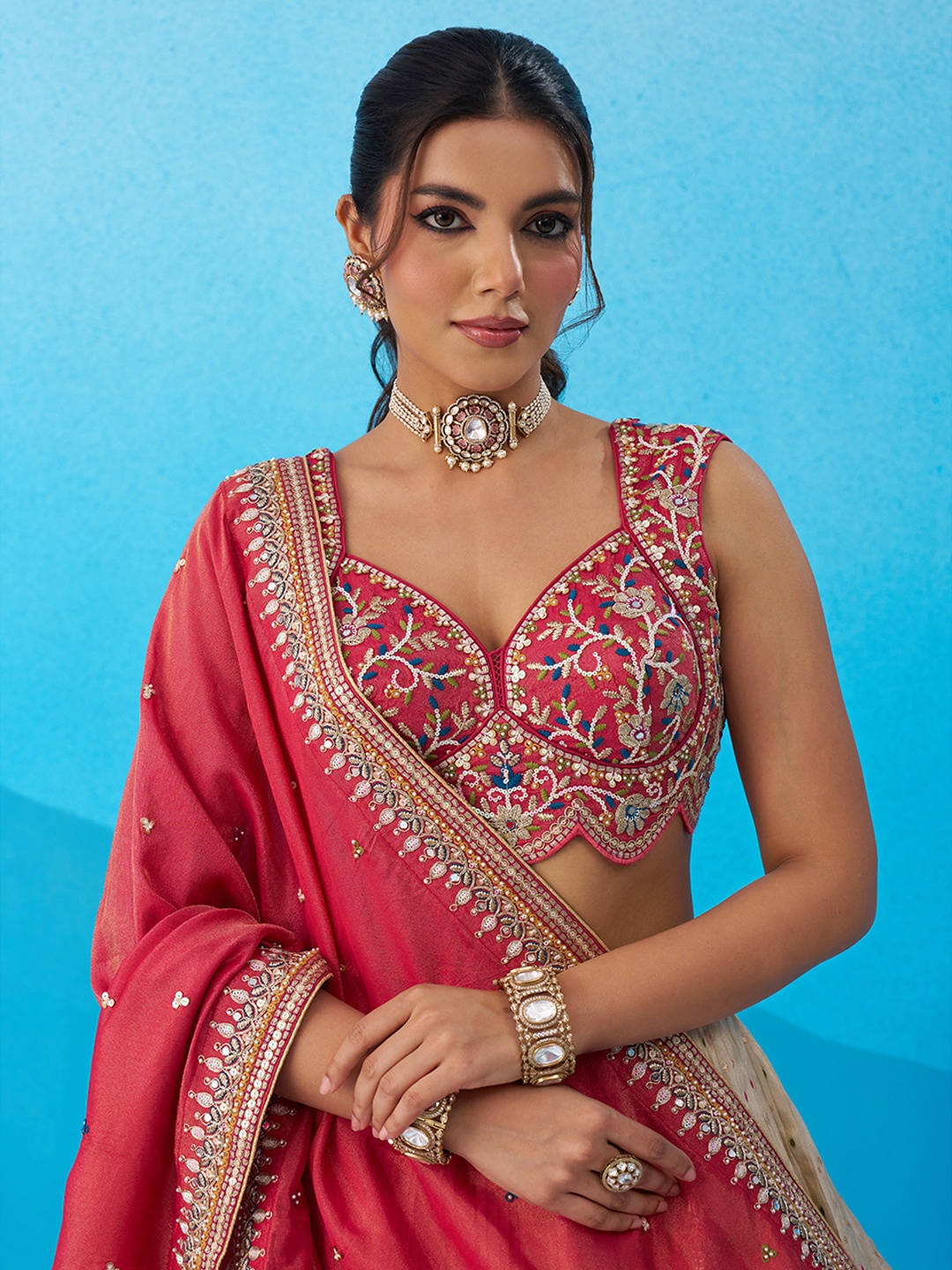 Cream Regal Sequins Embroidered Jacquard Bridal Lehenga