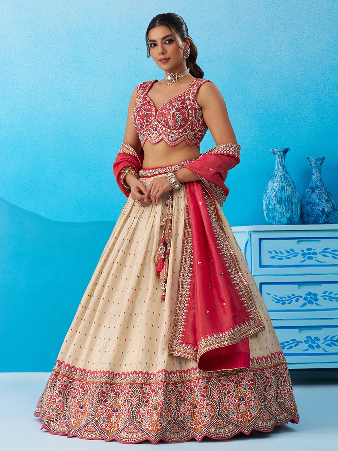 Cream Regal Sequins Embroidered Jacquard Bridal Lehenga