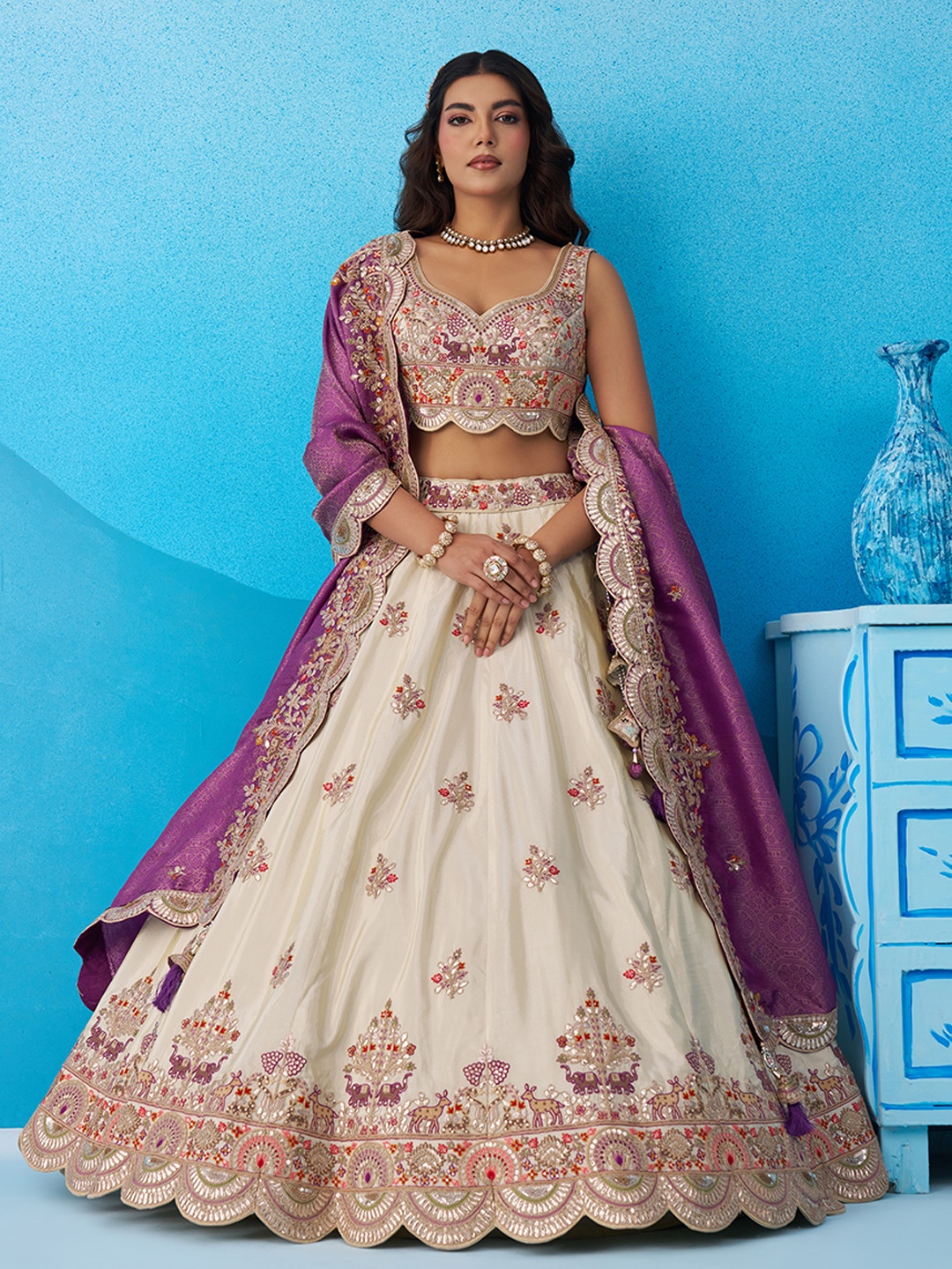 Cream Royal Sequins Embroidered Tissue Bridal Lehenga