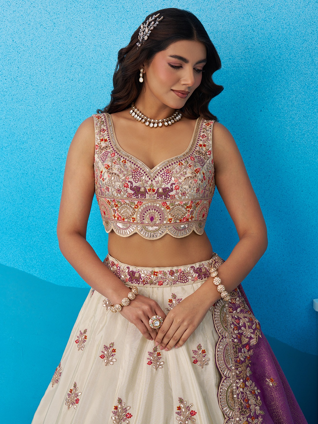 Cream Royal Sequins Embroidered Tissue Bridal Lehenga