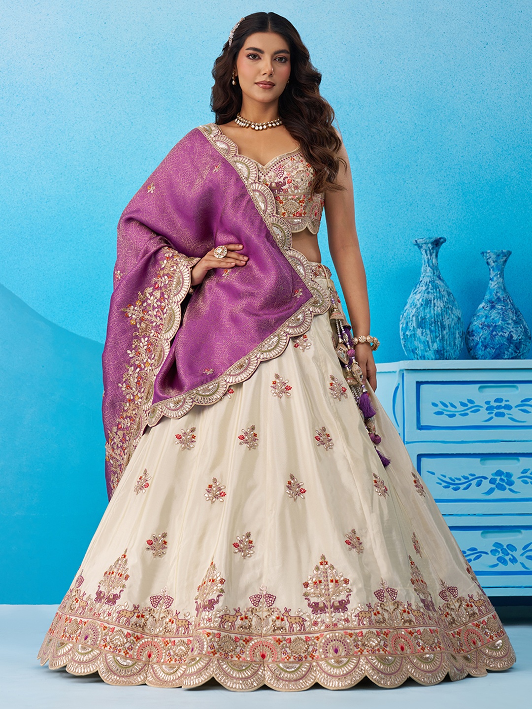 Cream Royal Sequins Embroidered Tissue Bridal Lehenga