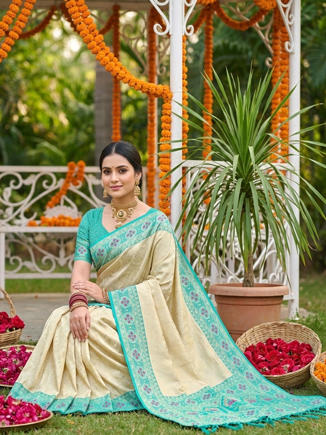 Cream Sea Green Woven Soft Silk Saree