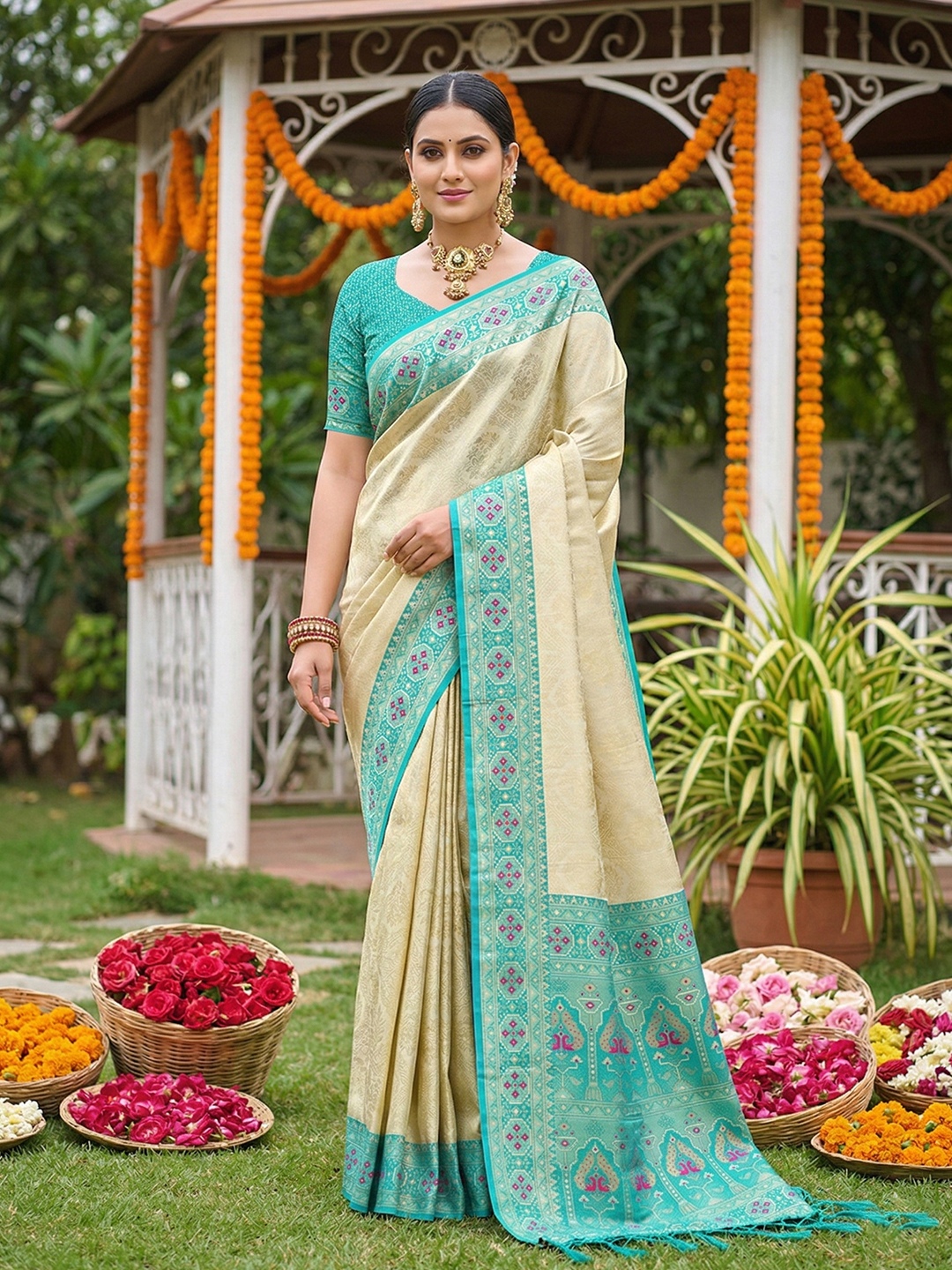 Cream Sea Green Woven Soft Silk Saree