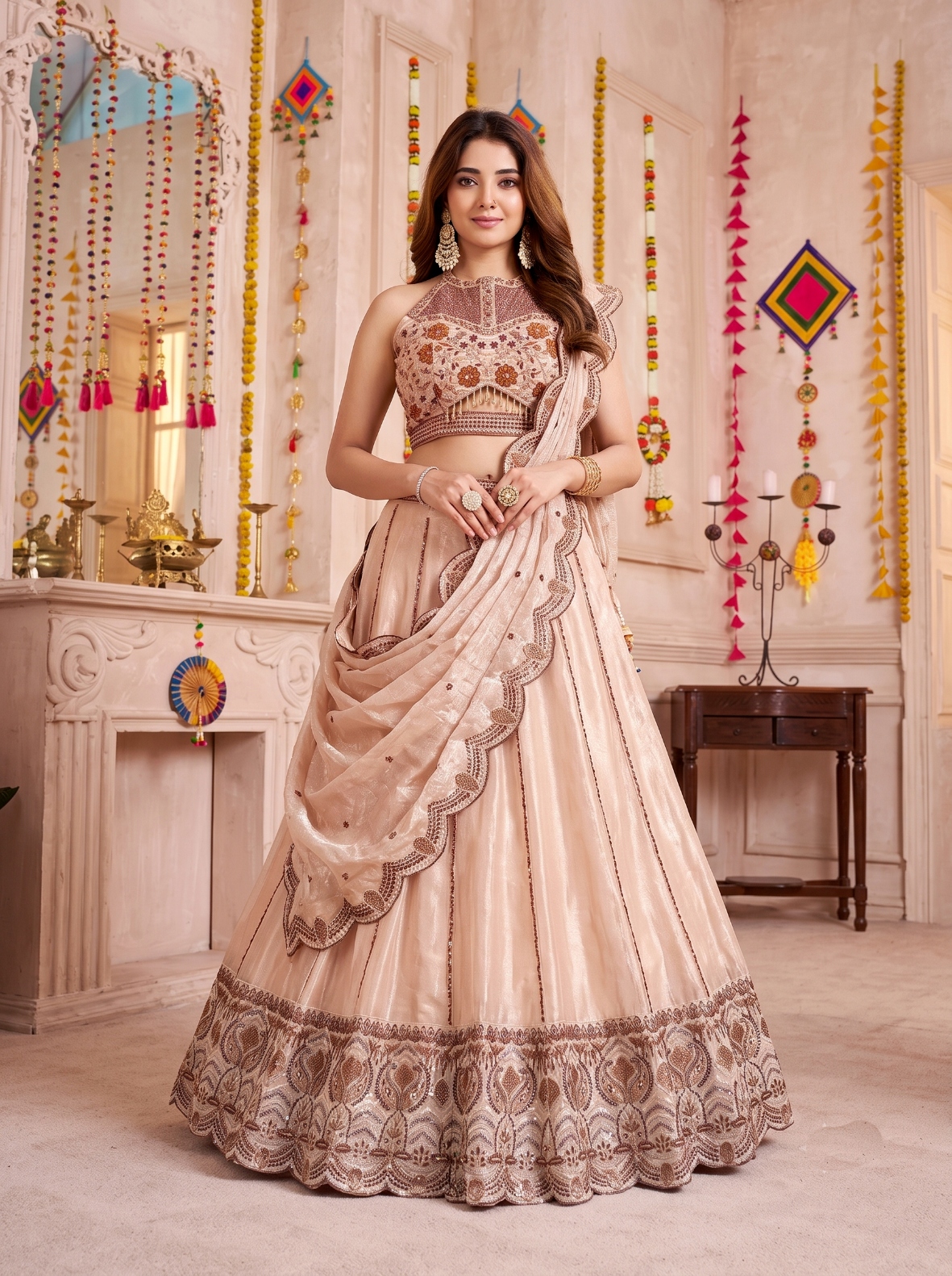 Cream Sequins Embroidery Spider Crush Lehenga Choli