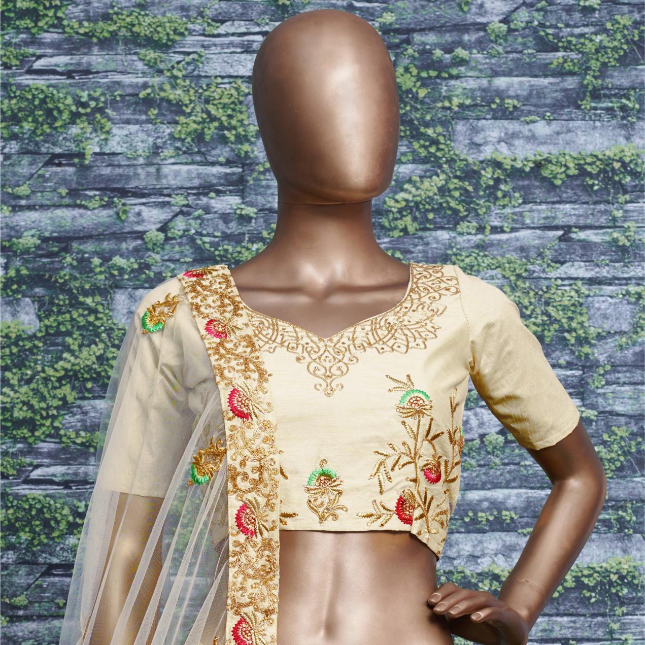Cream Sequins Layered Lehenga Choli