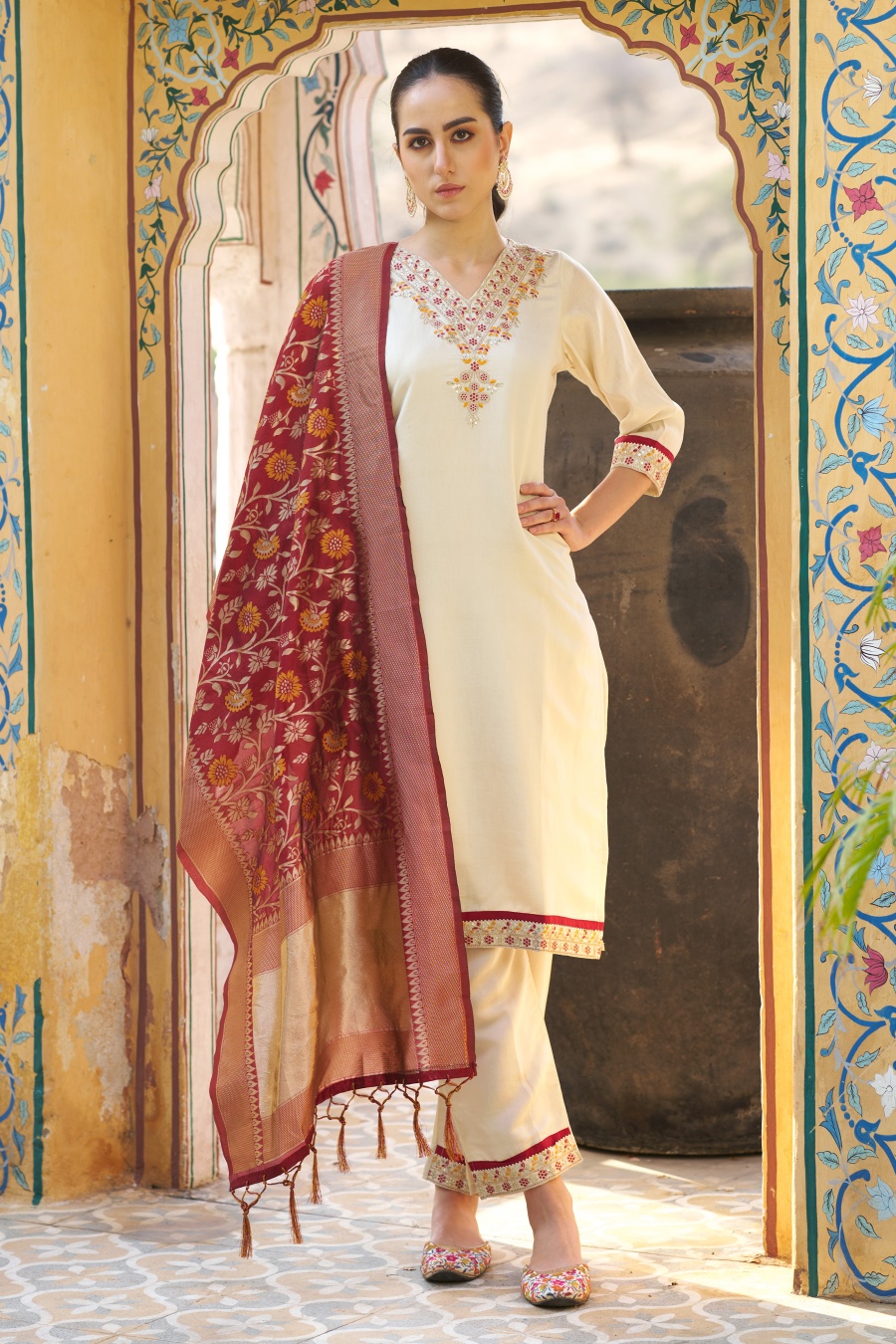 Cream Silk Blend Designer Embroidered Readymade Suit
