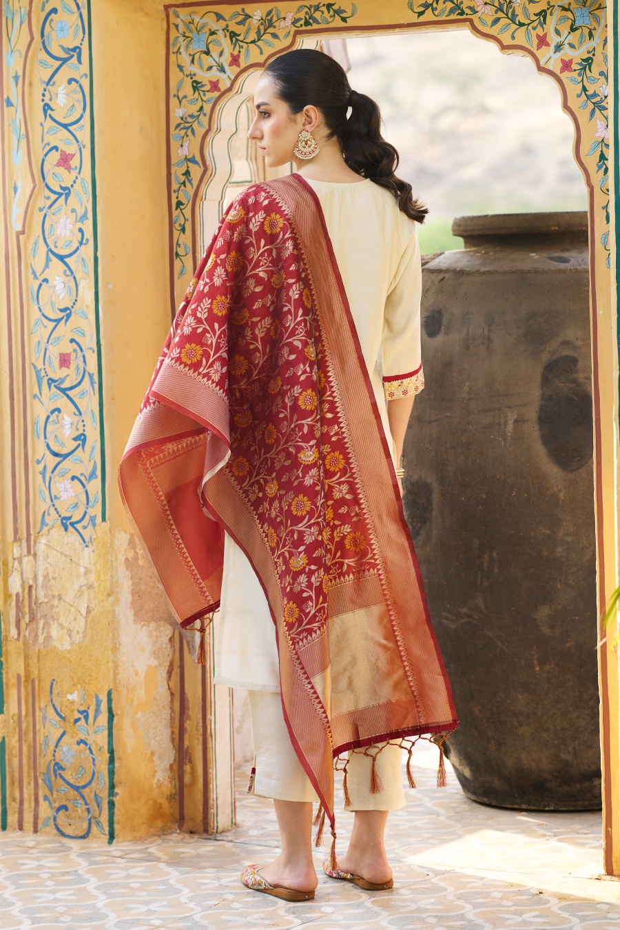 Cream Silk Blend Designer Embroidered Readymade Suit — alternate view