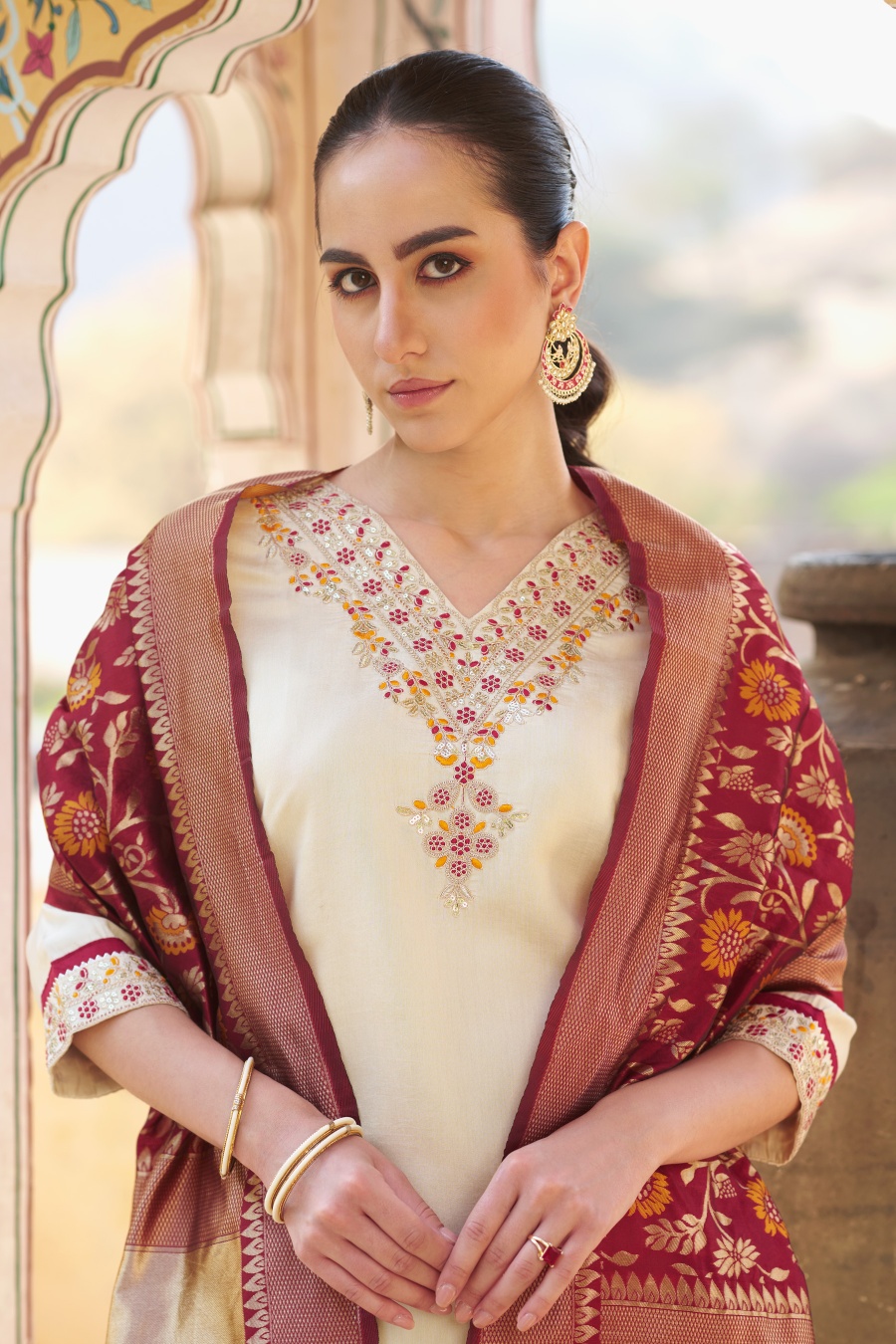Cream Silk Blend Designer Embroidered Readymade Suit