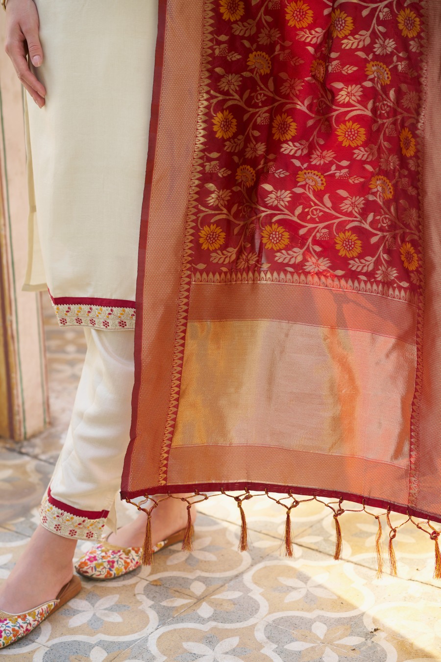 Cream Silk Blend Designer Embroidered Readymade Suit