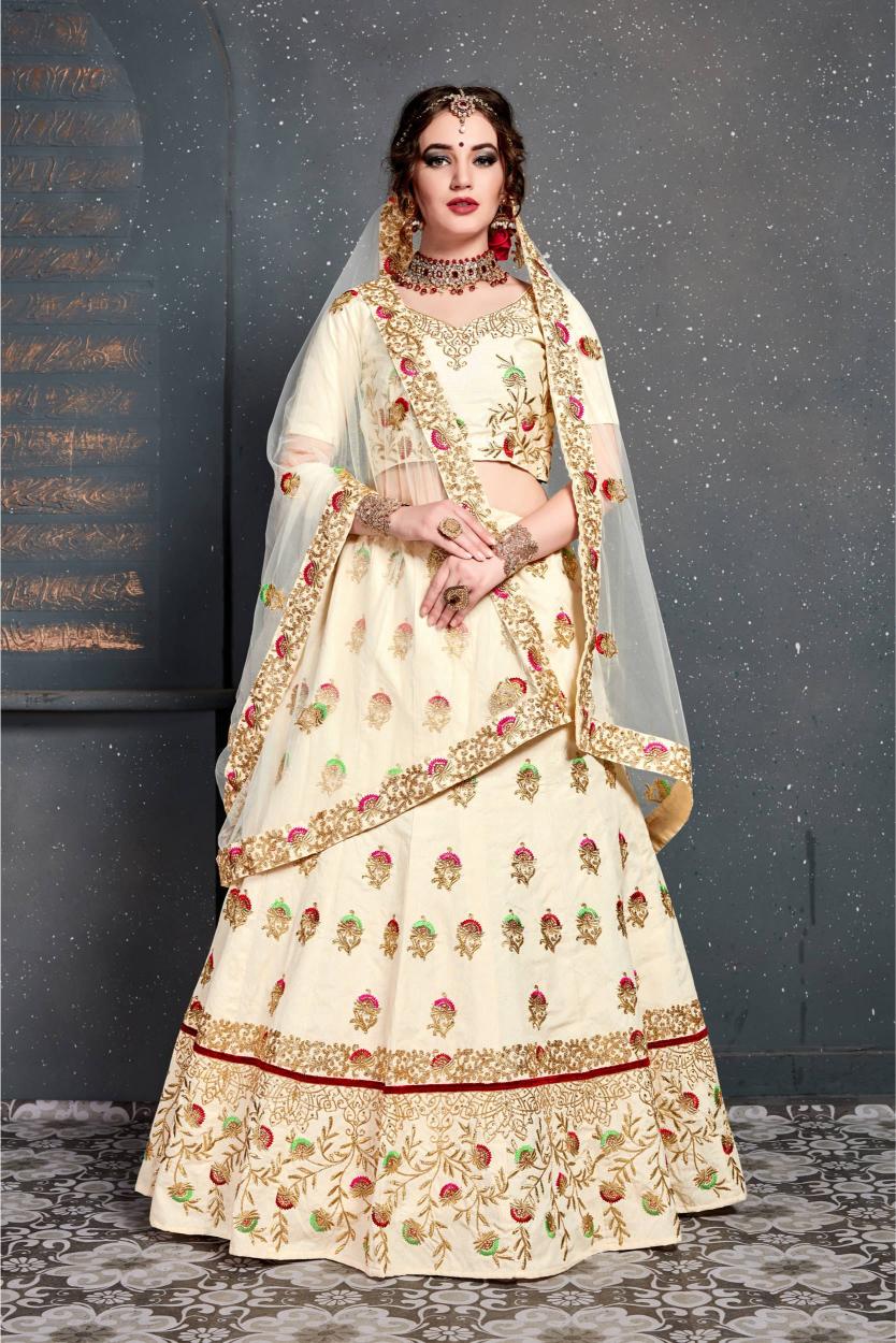Cream Slub Silk Lehenga Choli