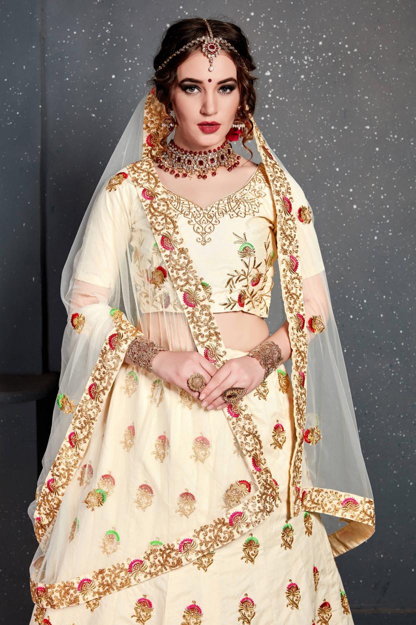 Cream Slub Silk Lehenga Choli