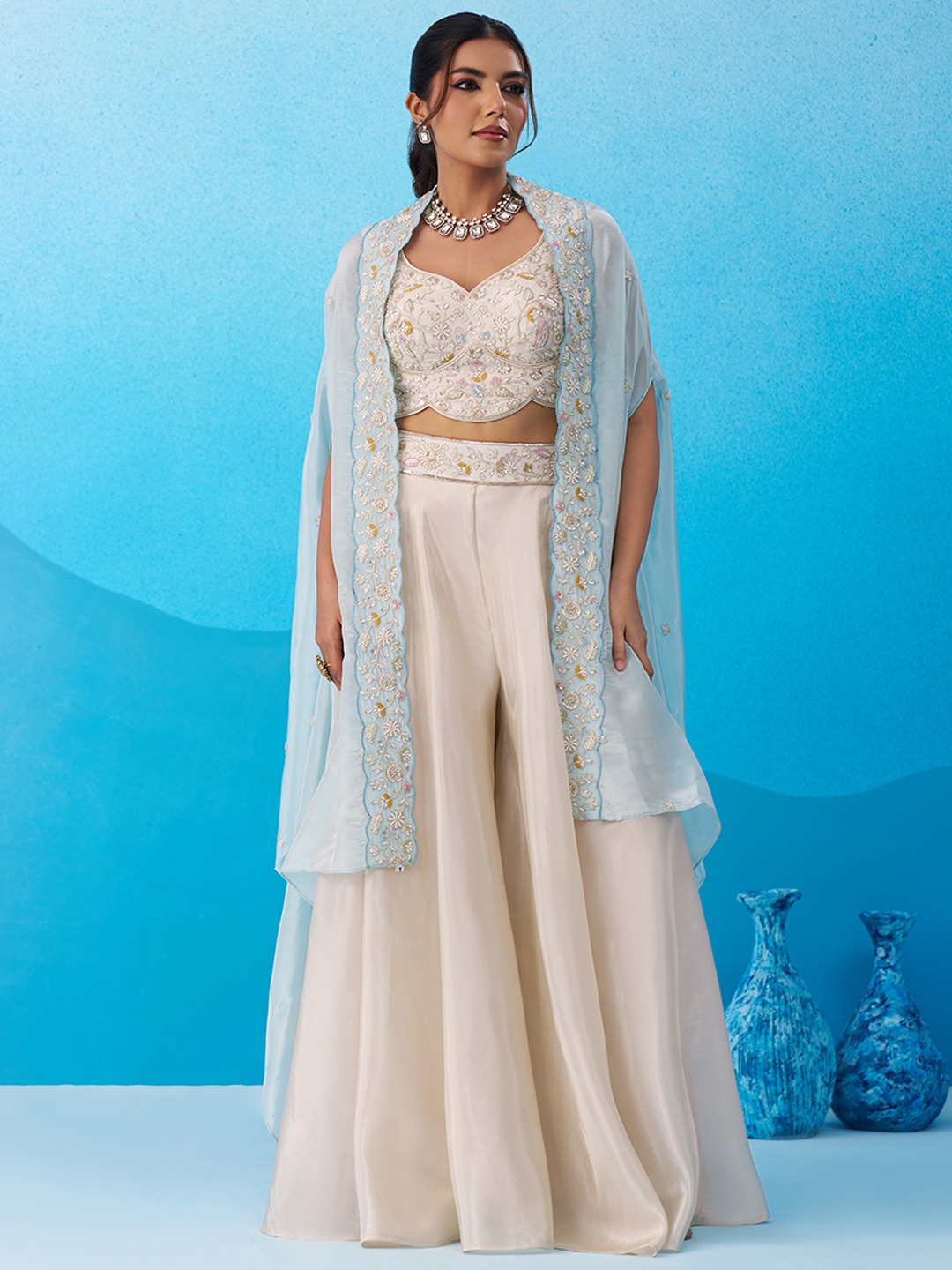 Cream Soft Layered Embroidered Viscose Indo Western Set