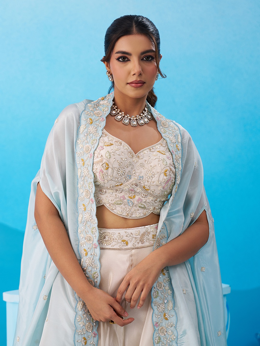 Cream Soft Layered Embroidered Viscose Indo Western Set