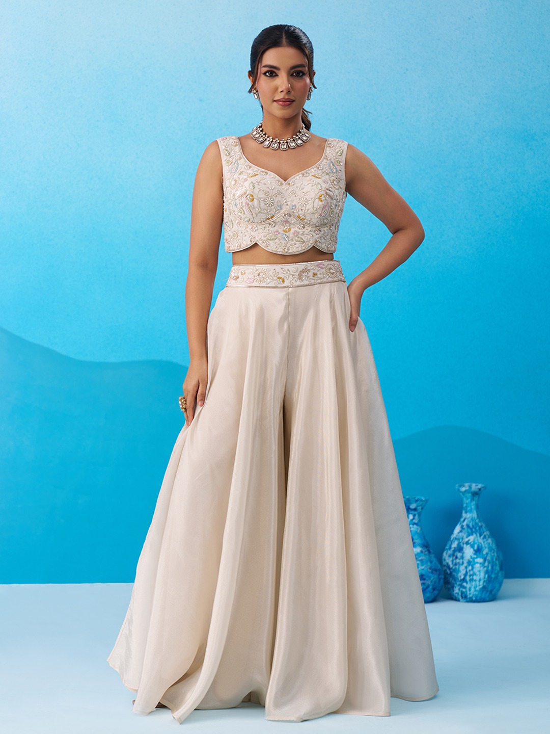 Cream Soft Layered Embroidered Viscose Indo Western Set