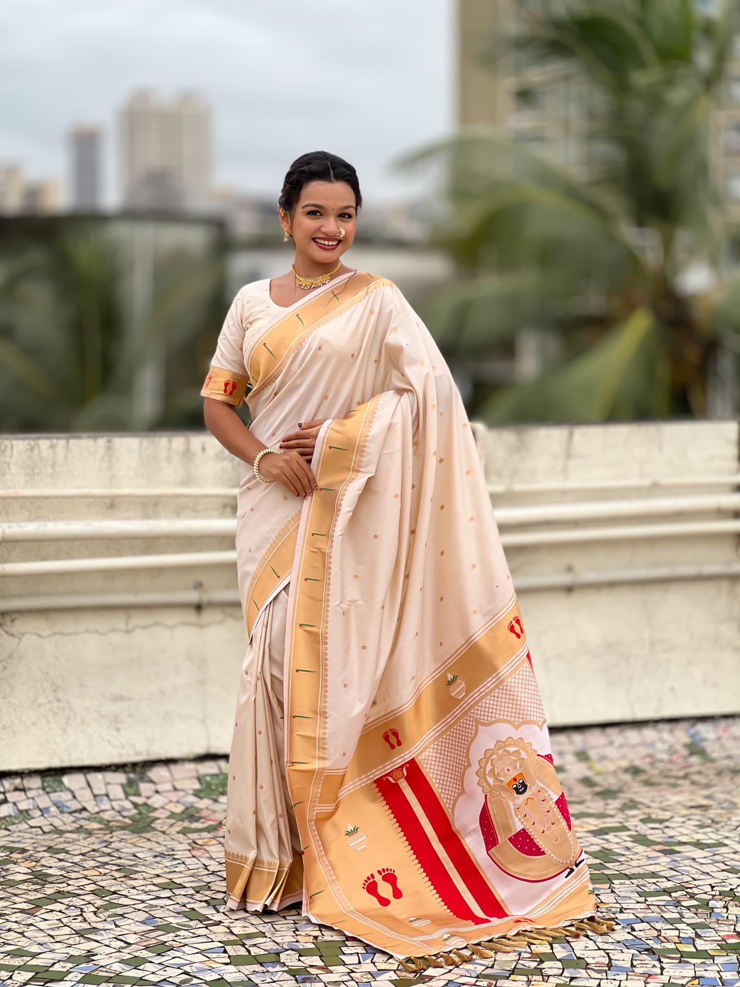 Cream Soft Silk Paithani Designer Saree