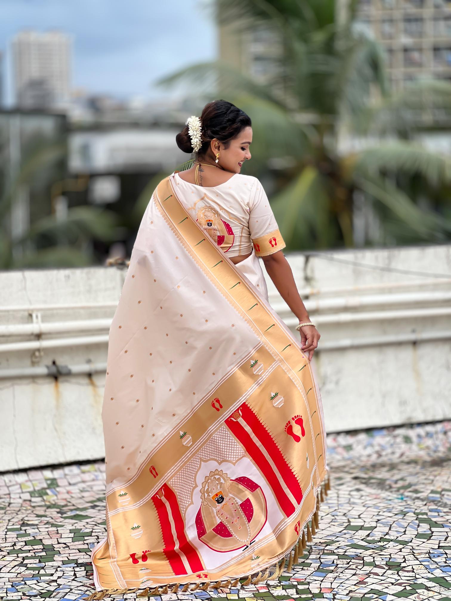 Cream Soft Silk Paithani Designer Saree — alternate view