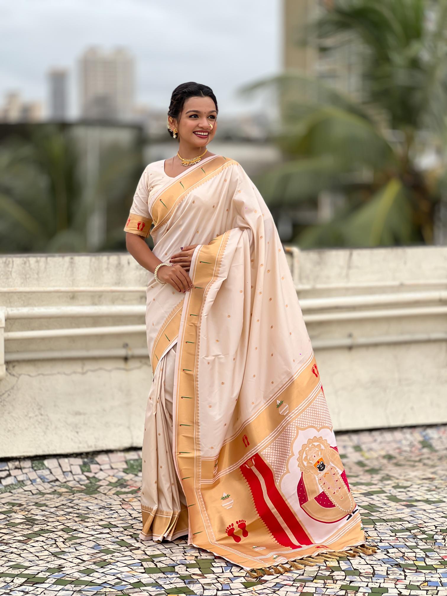 Cream Soft Silk Paithani Designer Saree