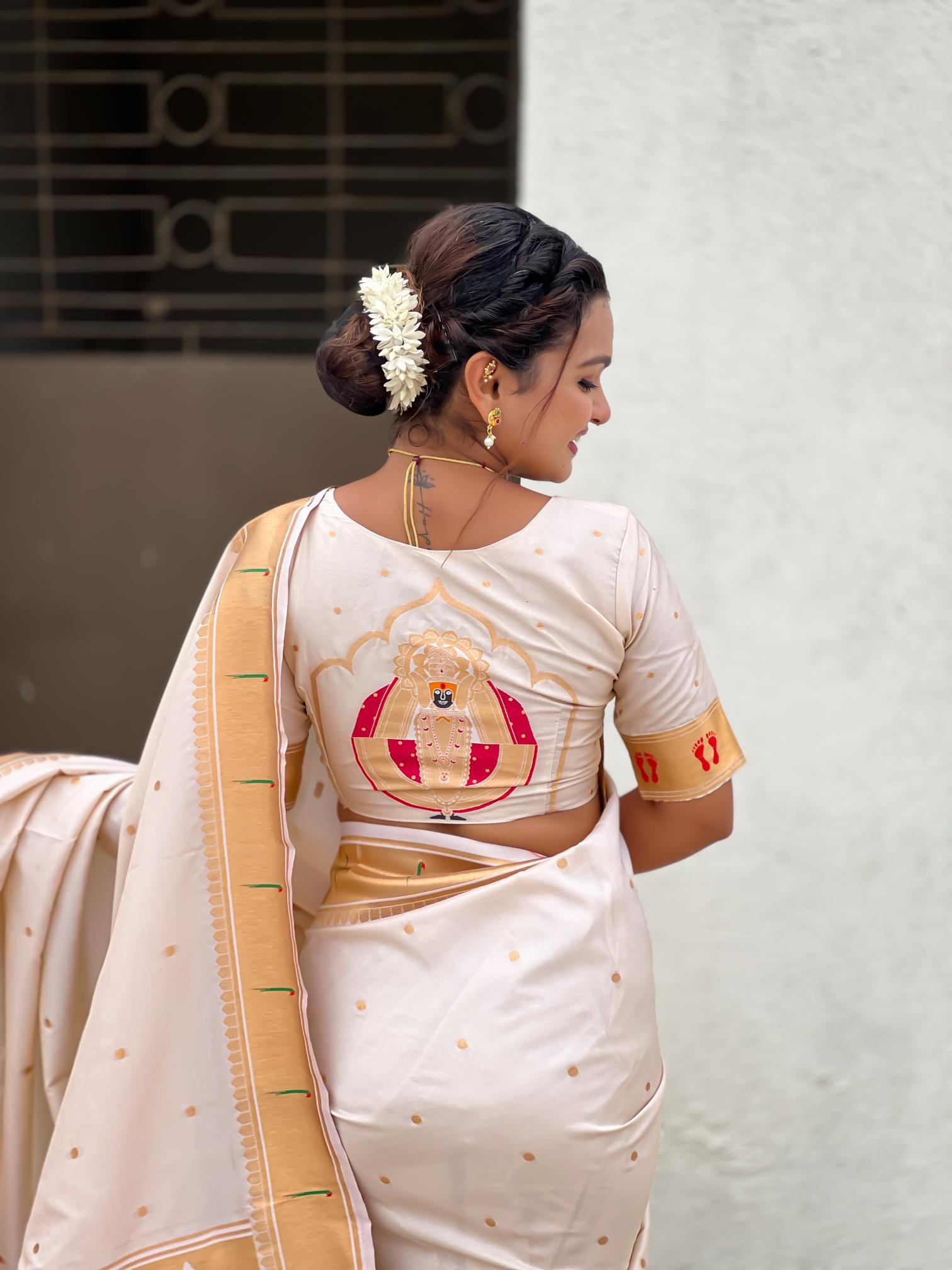 Cream Soft Silk Paithani Designer Saree