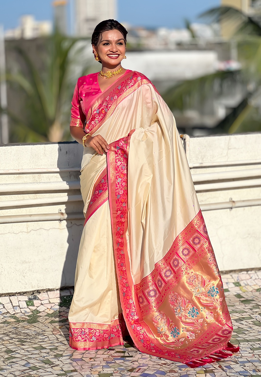 Cream Soft Silk Woven Paithani Gala Saree