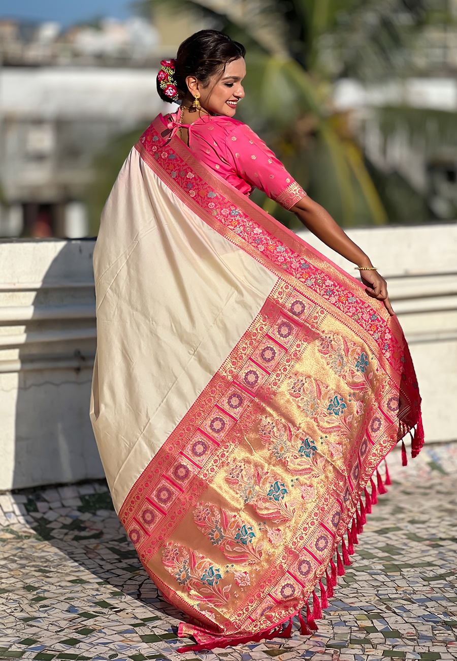 Cream Soft Silk Woven Paithani Gala Saree — alternate view