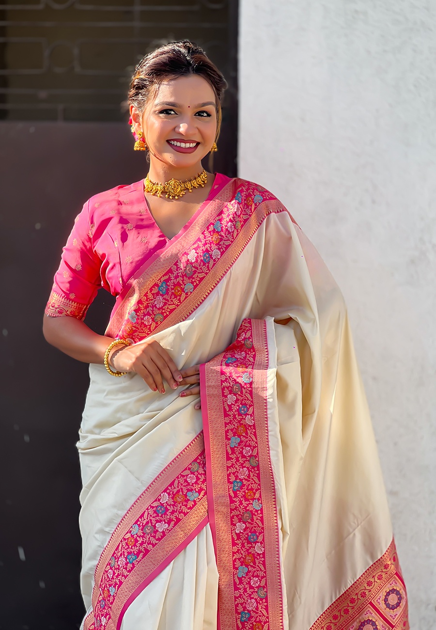 Cream Soft Silk Woven Paithani Gala Saree