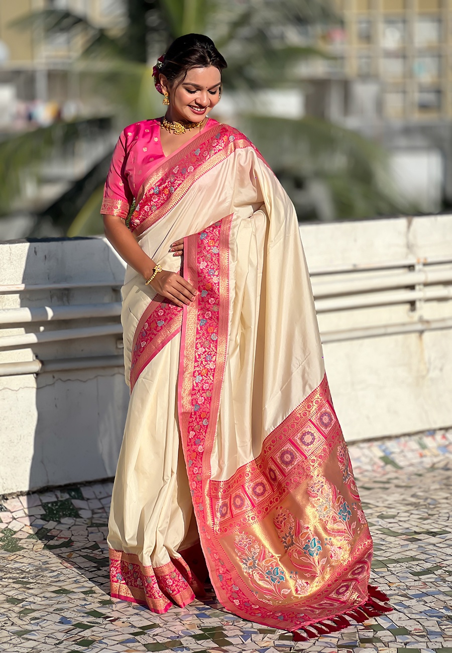 Cream Soft Silk Woven Paithani Gala Saree