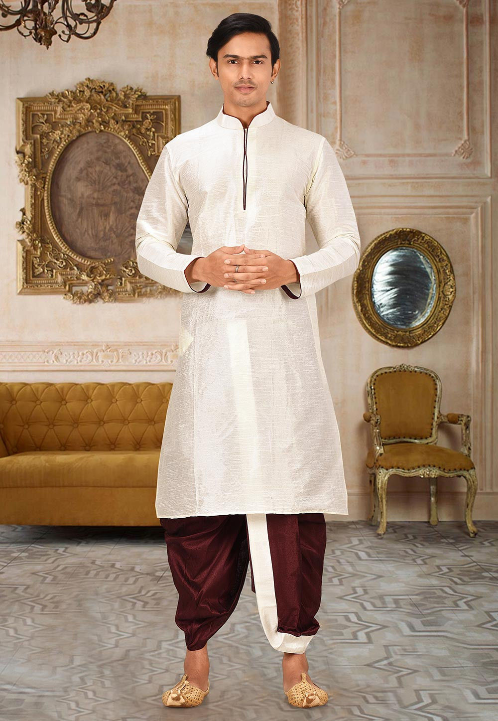 Cream Solid Art Silk Kurta Dhoti Set