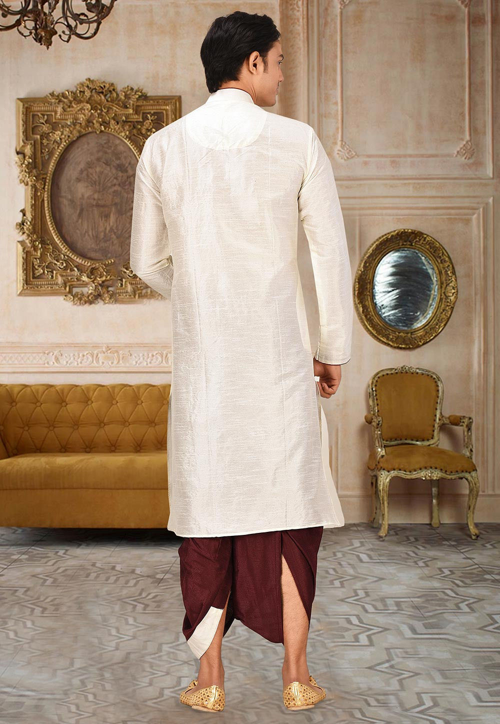 Cream Solid Art Silk Kurta Dhoti Set — alternate view