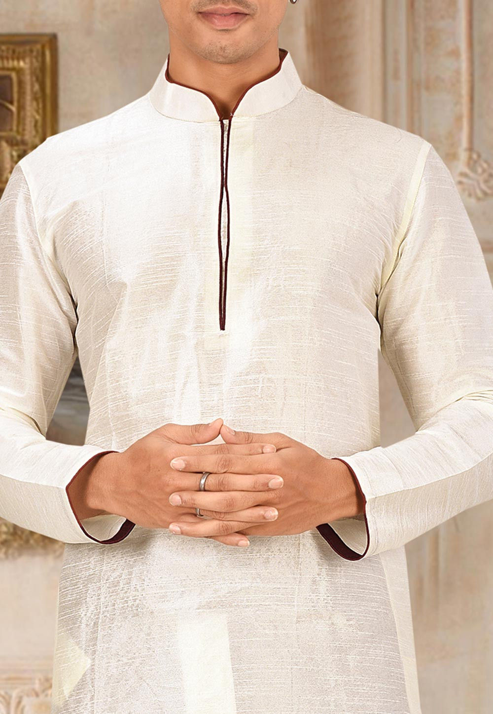 Cream Solid Art Silk Kurta Dhoti Set