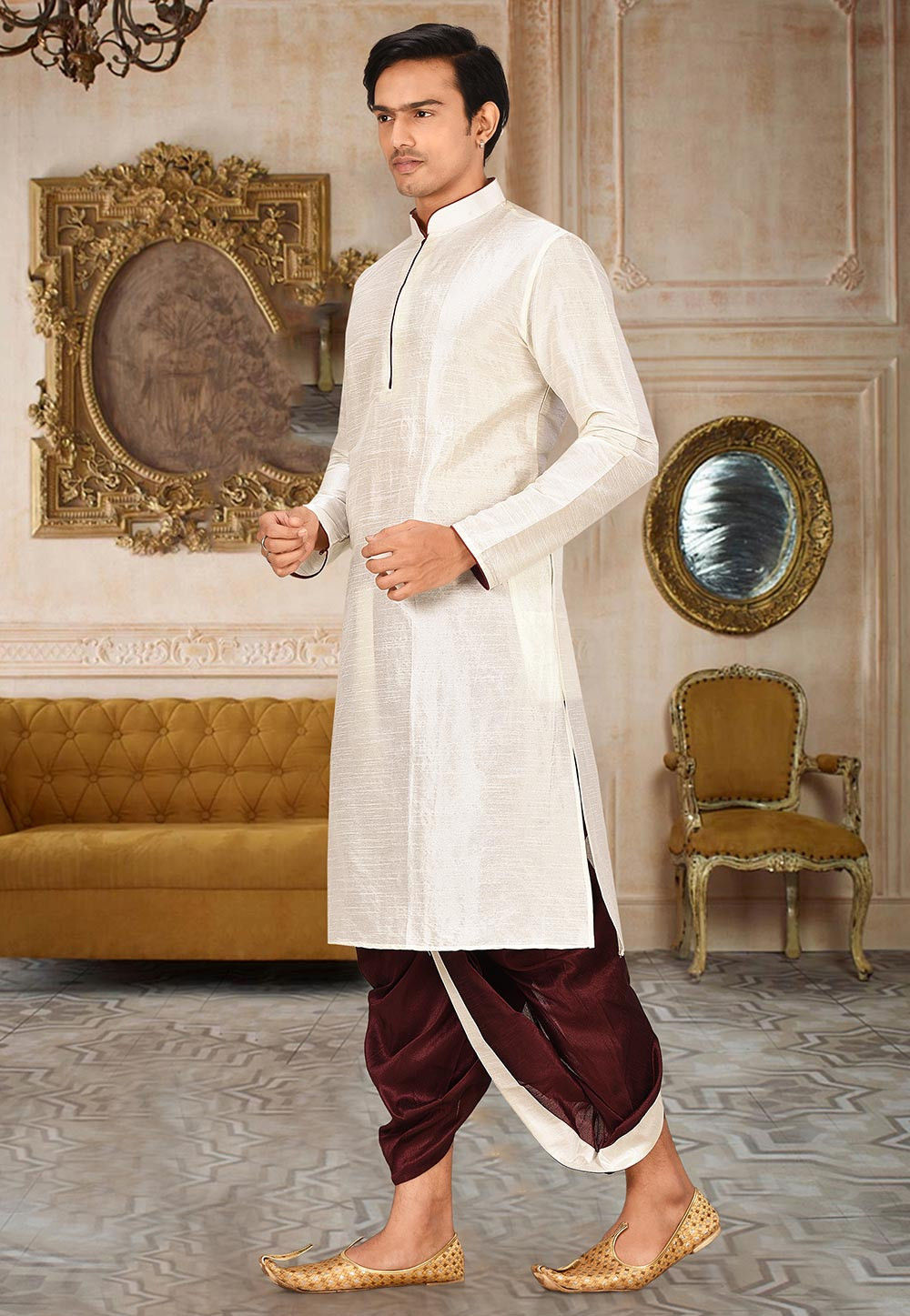 Cream Solid Art Silk Kurta Dhoti Set