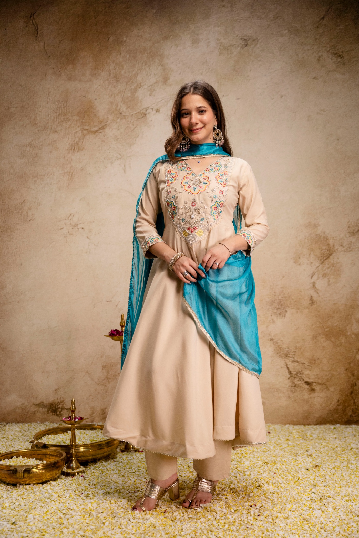 Cream Solid Embroidered Chanderi Anarkali Suit