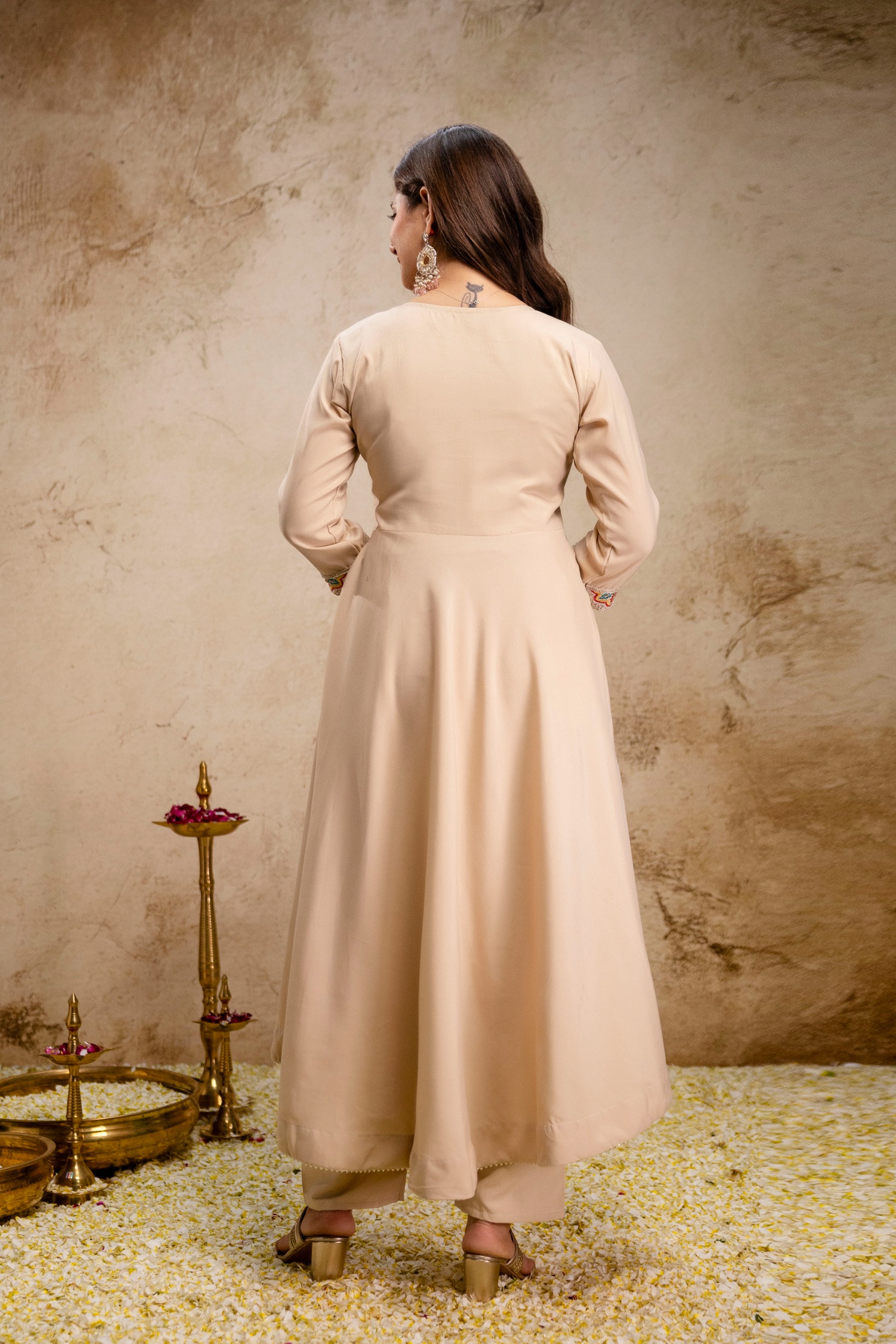 Cream Solid Embroidered Chanderi Anarkali Suit — alternate view