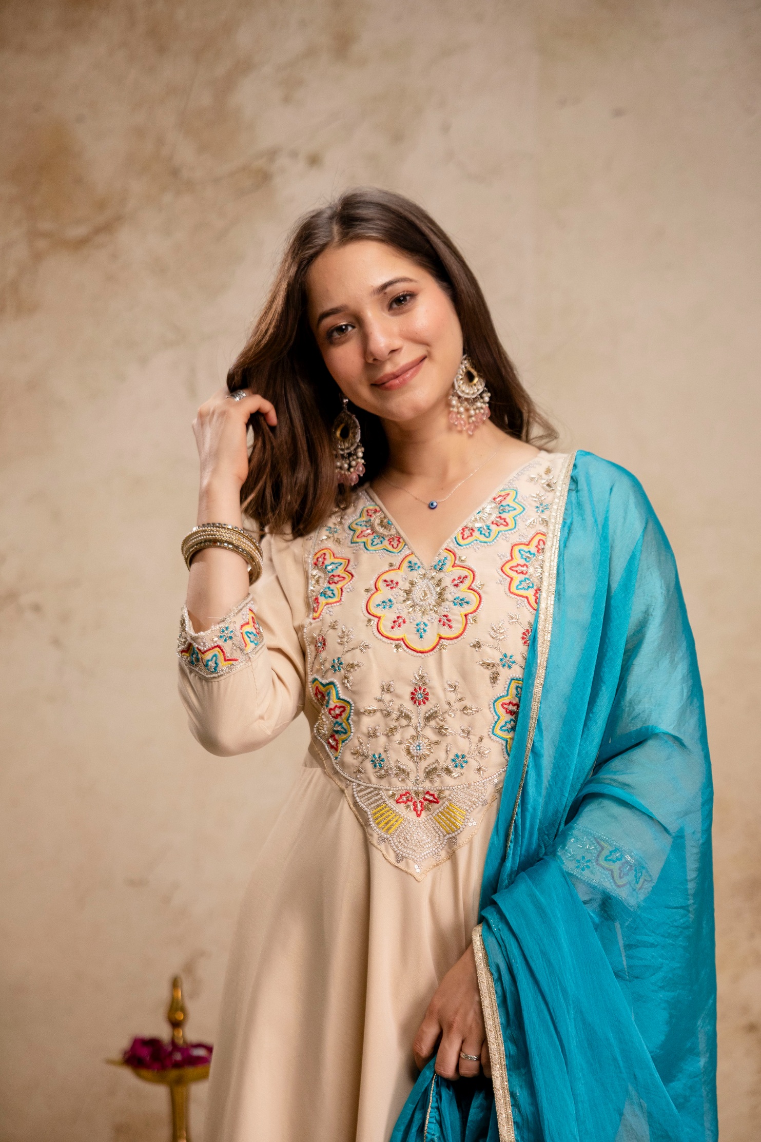 Cream Solid Embroidered Chanderi Anarkali Suit