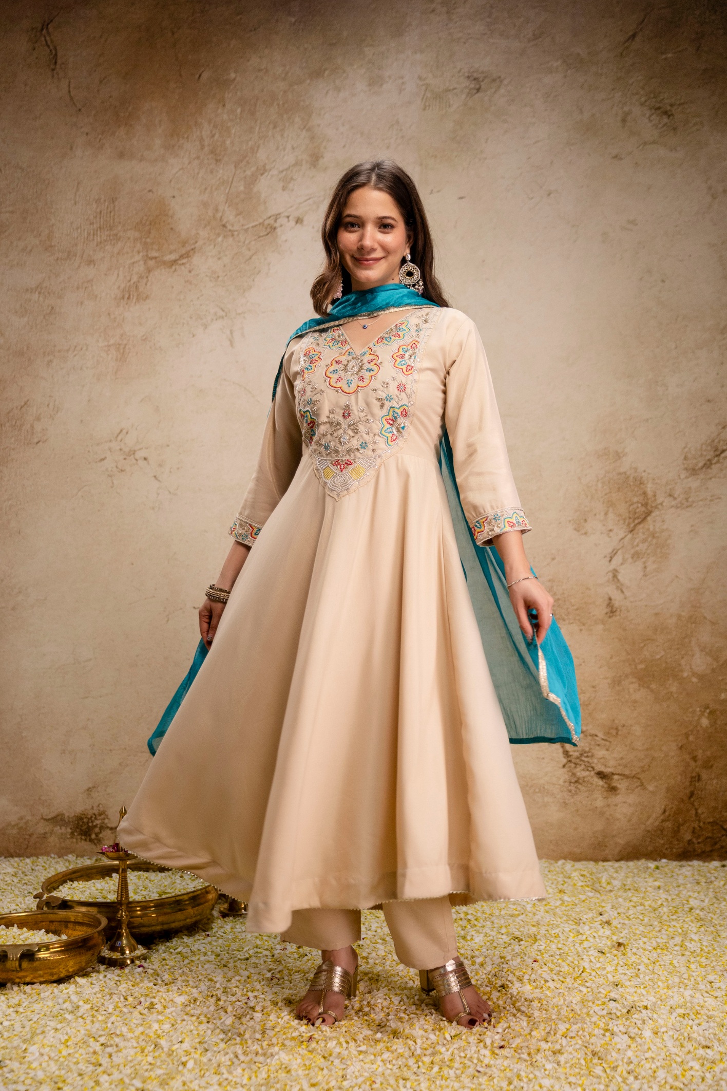 Cream Solid Embroidered Chanderi Anarkali Suit