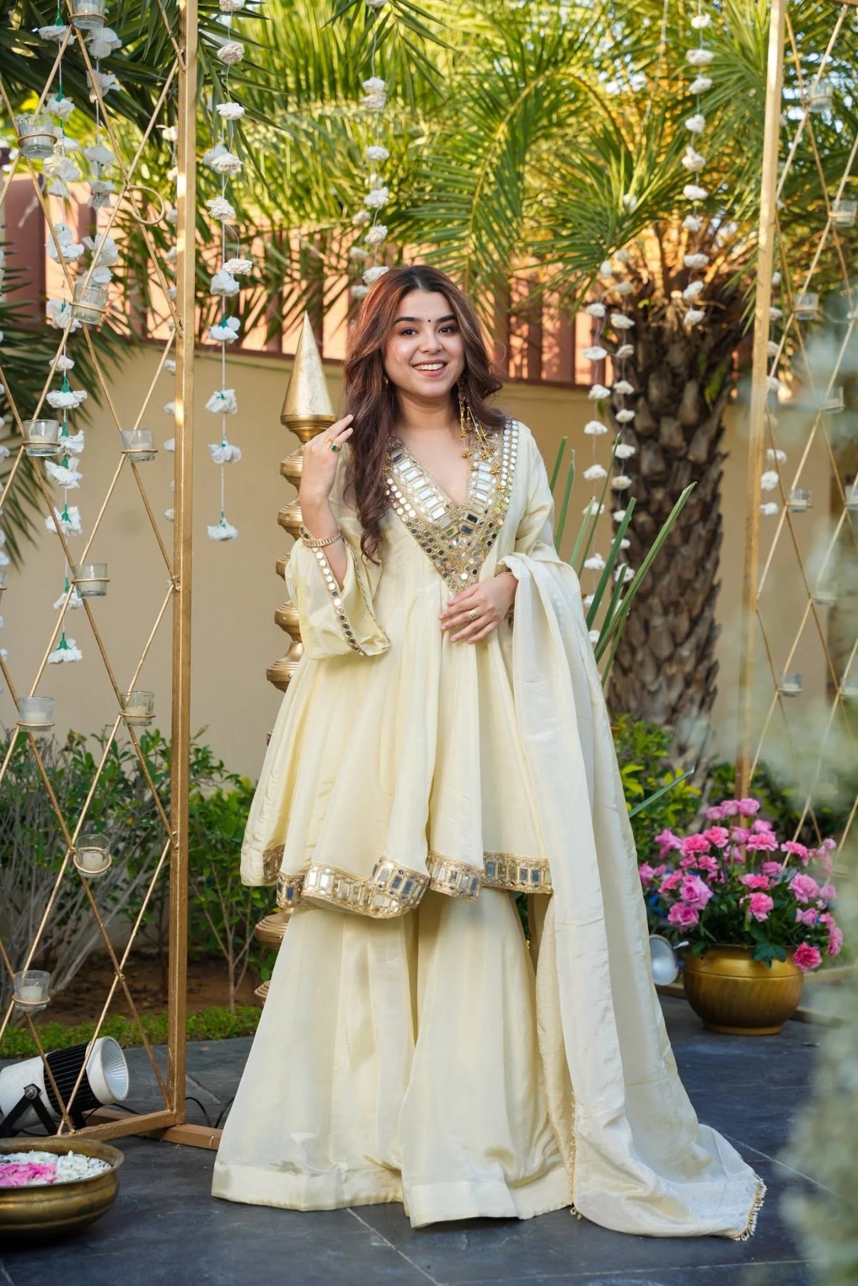 Cream Solid Mirror Work Silk Anarkali Suit