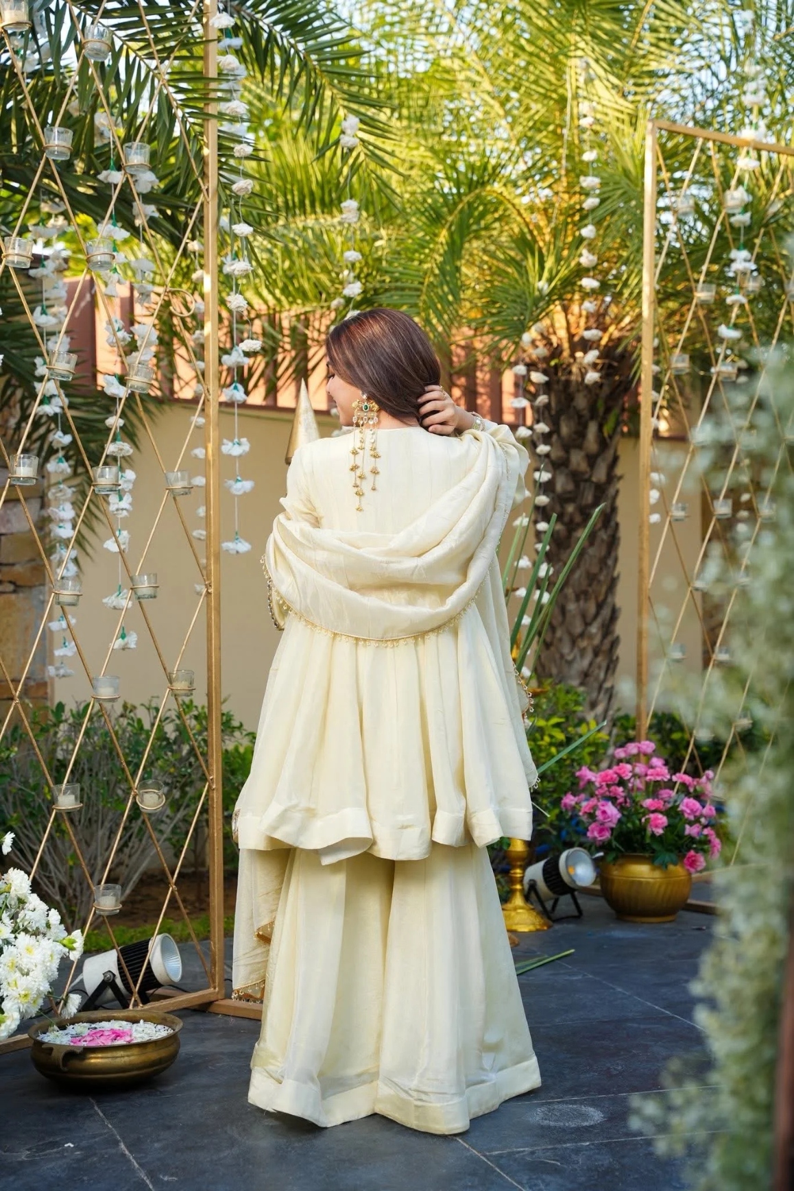 Cream Solid Mirror Work Silk Anarkali Suit — alternate view