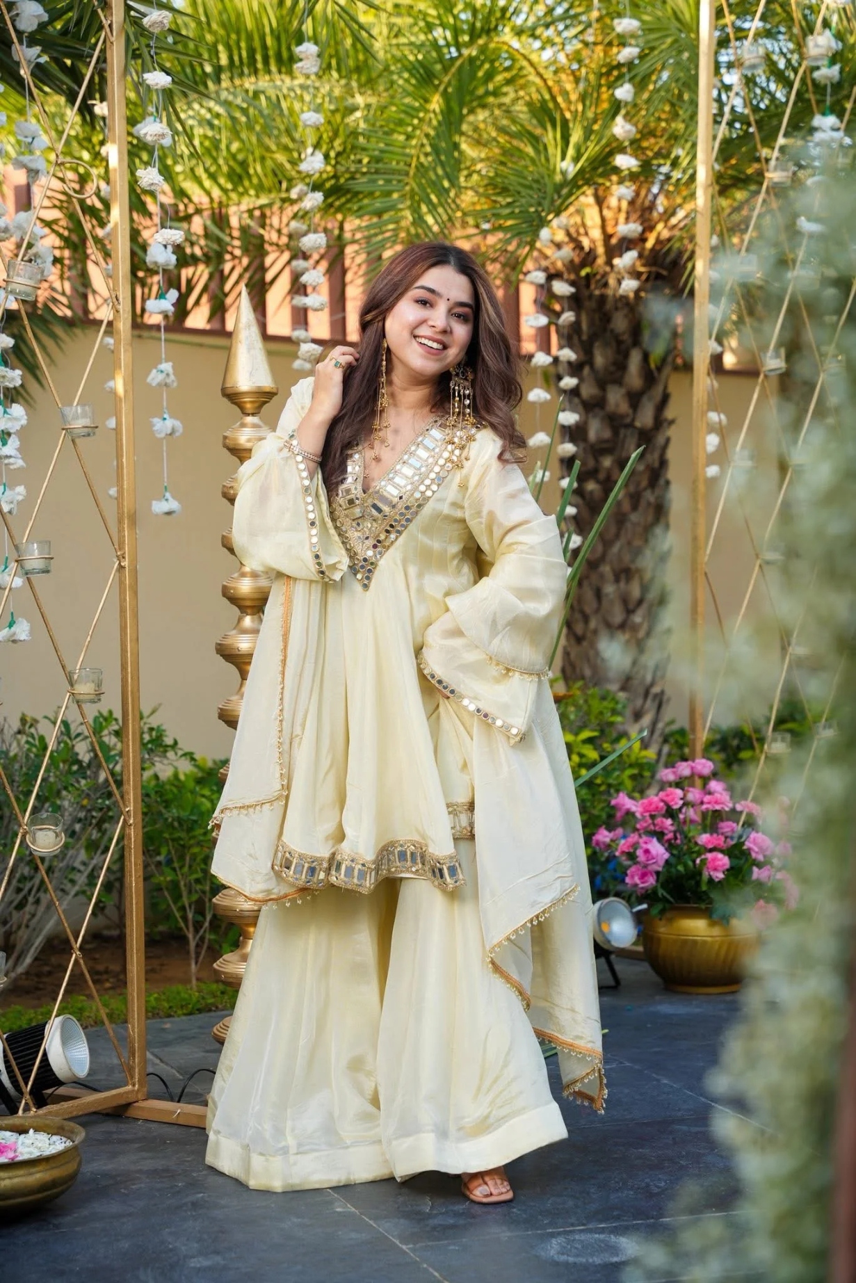 Cream Solid Mirror Work Silk Anarkali Suit