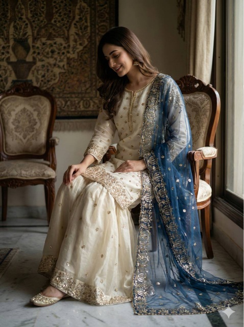 Cream Teal Embroidered Pure Fendy Silk Sharara Suit — alternate view