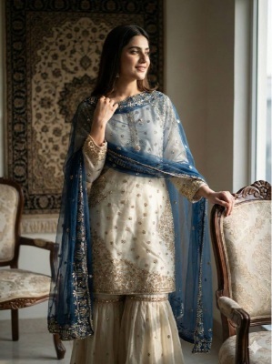 Cream Teal Embroidered Pure Fendy Silk Sharara Suit