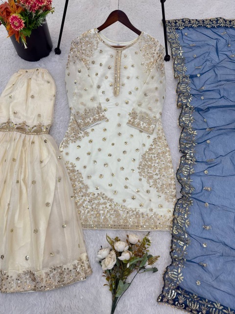 Cream Teal Embroidered Pure Fendy Silk Sharara Suit