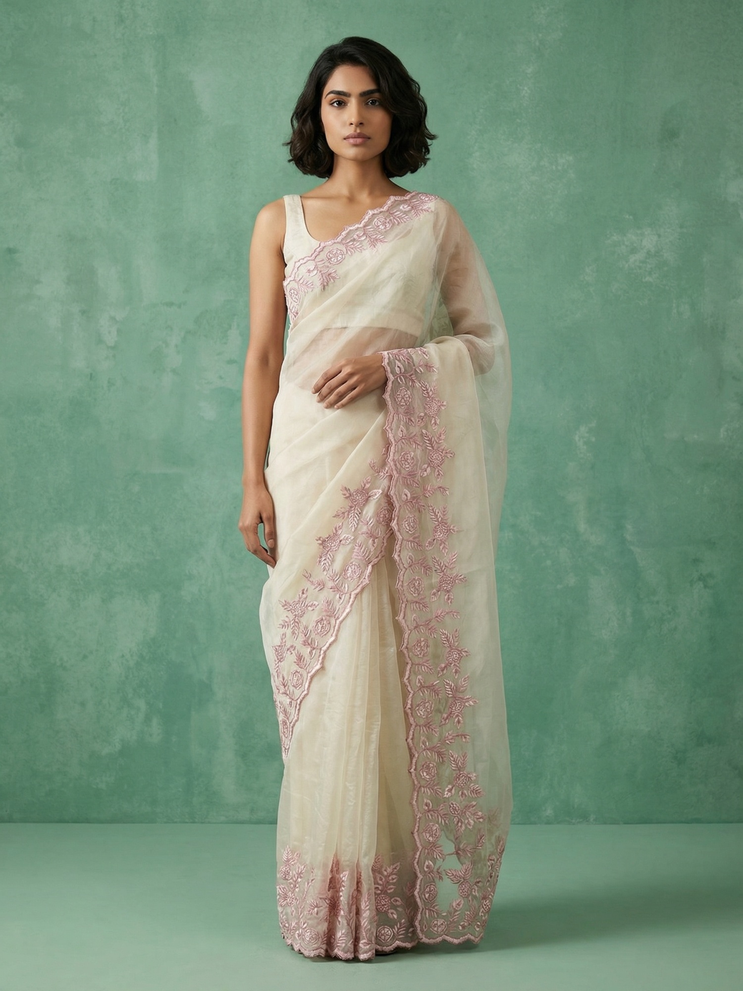 Cream Thread Embroidery Chanda Silk Saree