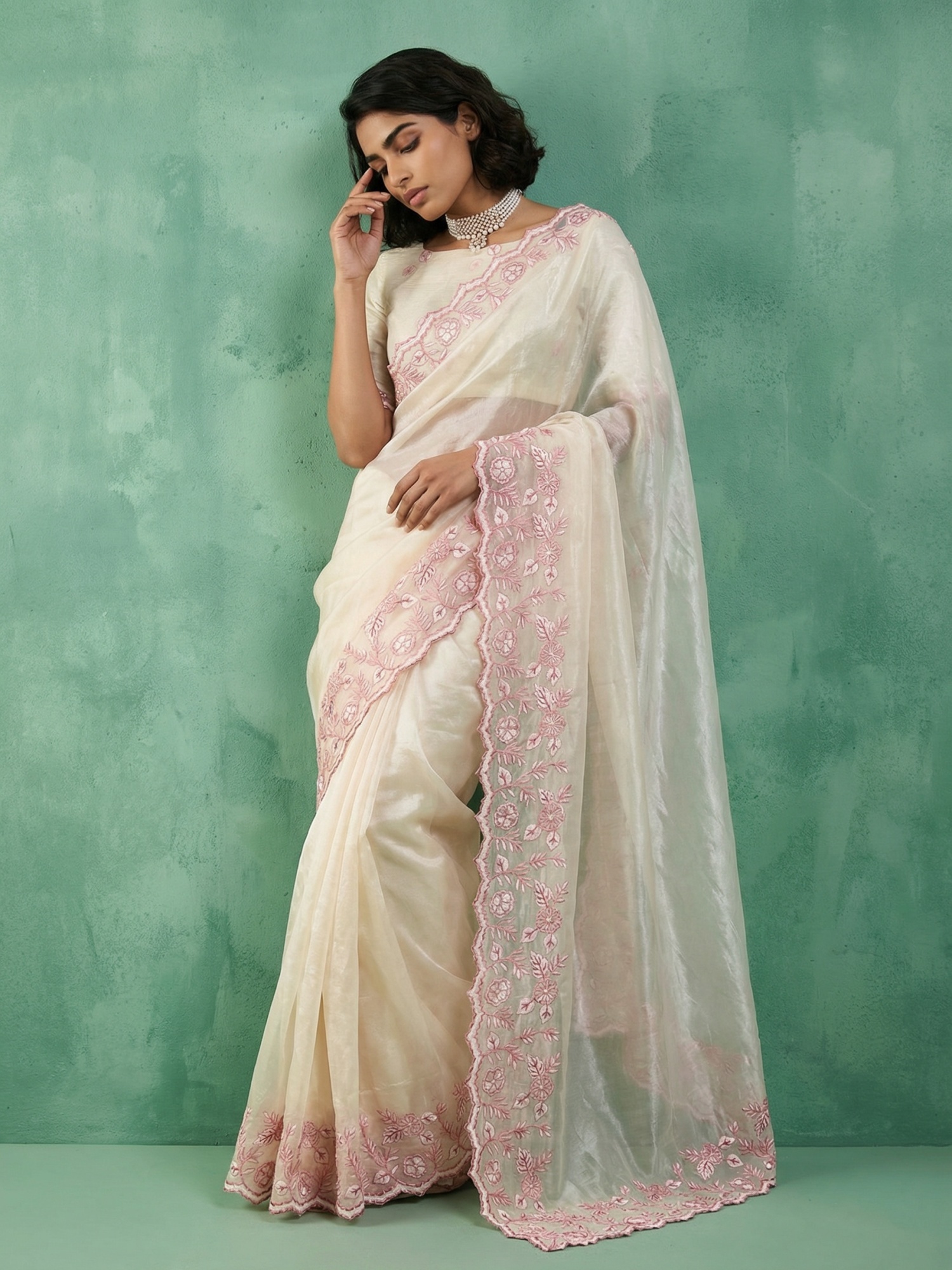 Cream Thread Embroidery Chanda Silk Saree