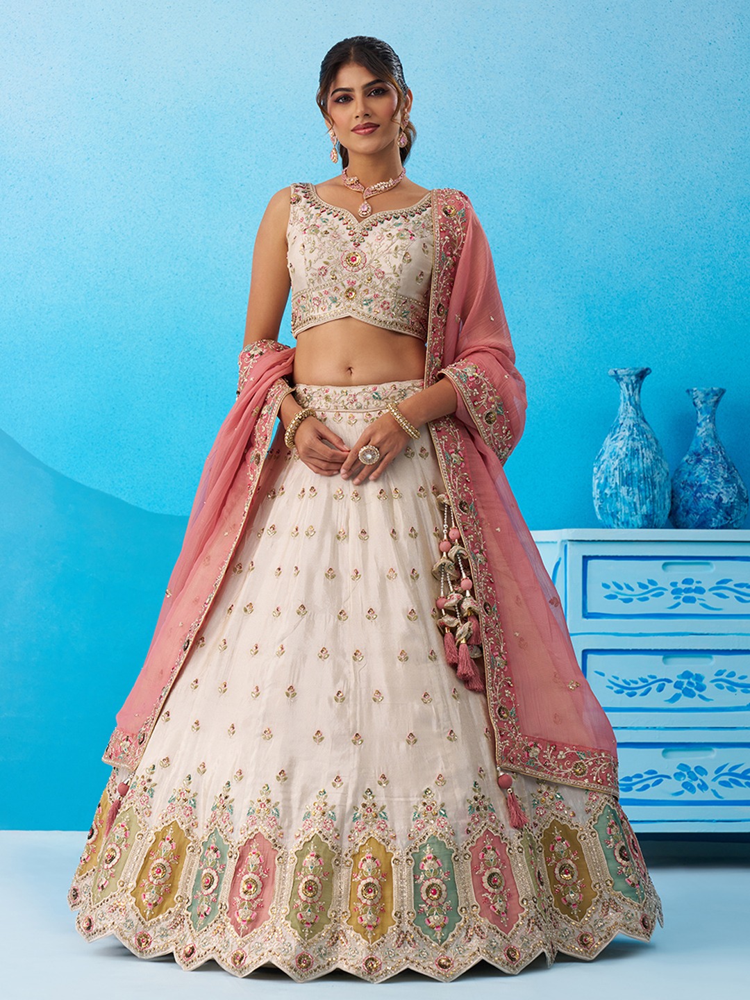 Cream Tissue Light Pink Dupatta Designer Sequins Lehenga Choli