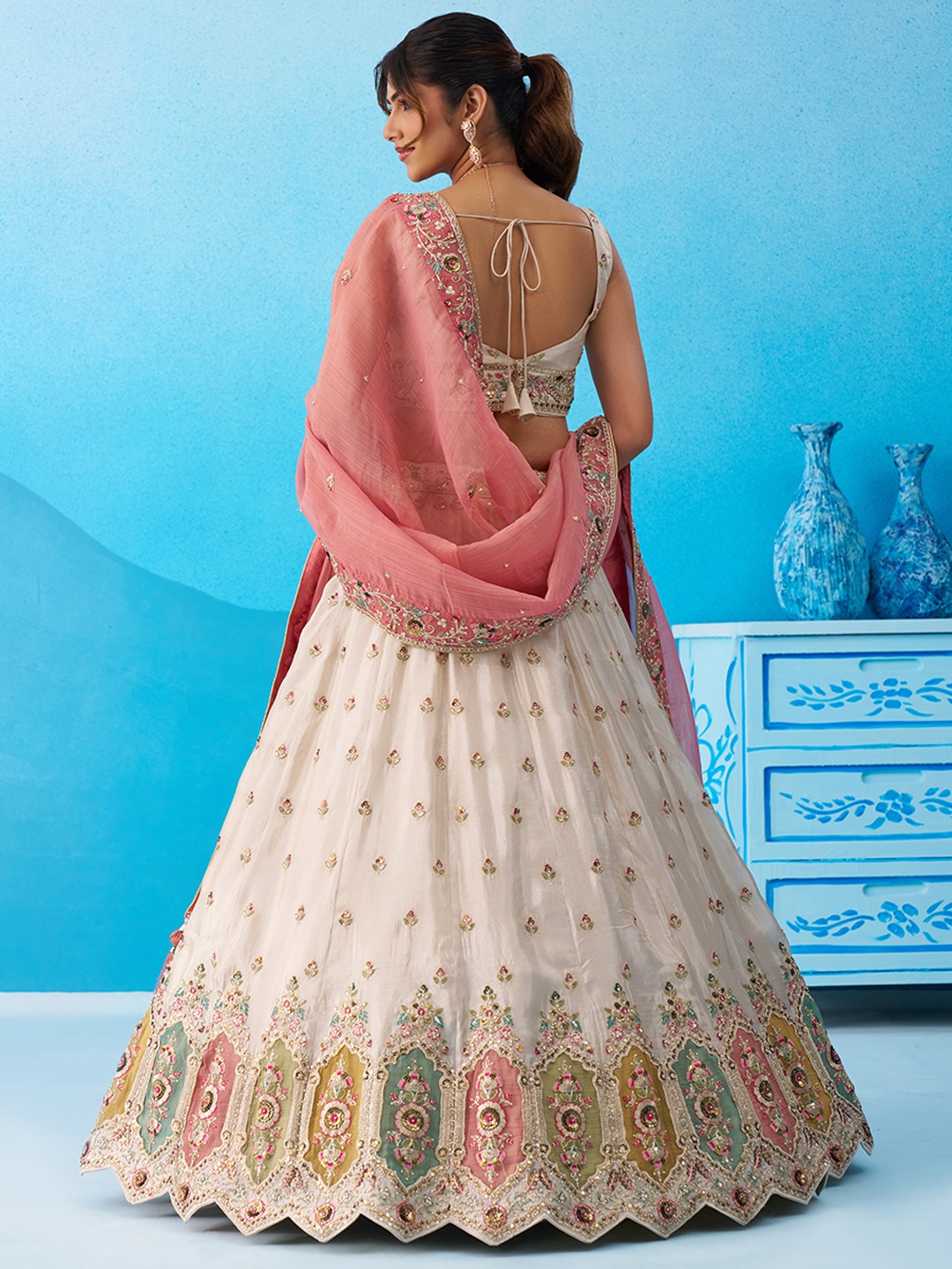 Cream Tissue Light Pink Dupatta Designer Sequins Lehenga Choli — alternate view