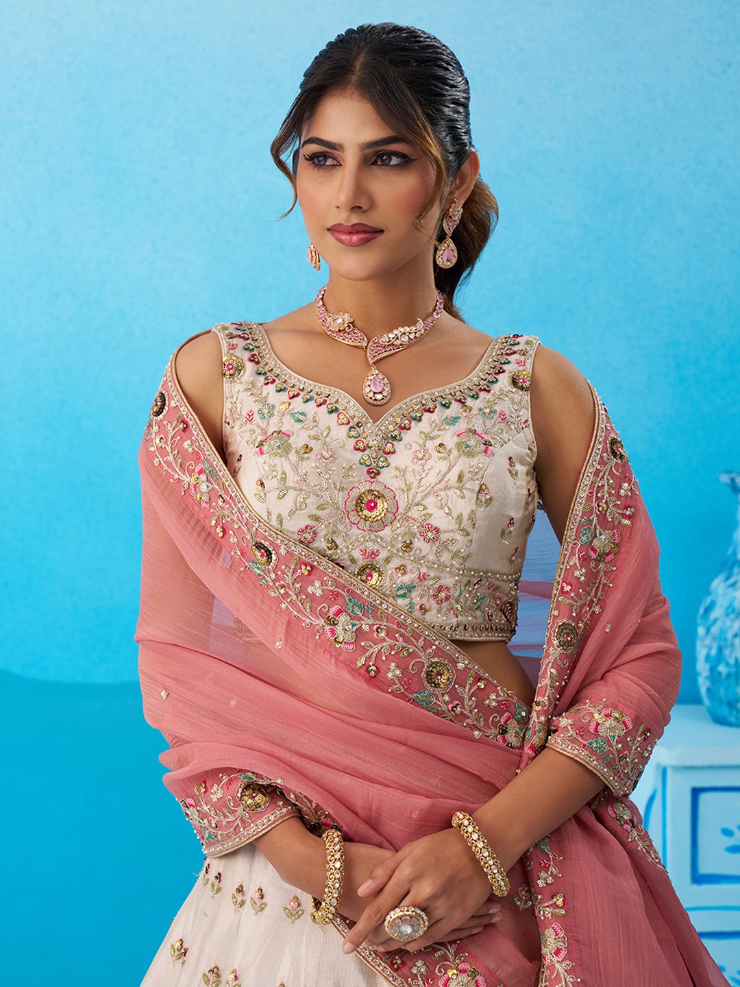 Cream Tissue Light Pink Dupatta Designer Sequins Lehenga Choli
