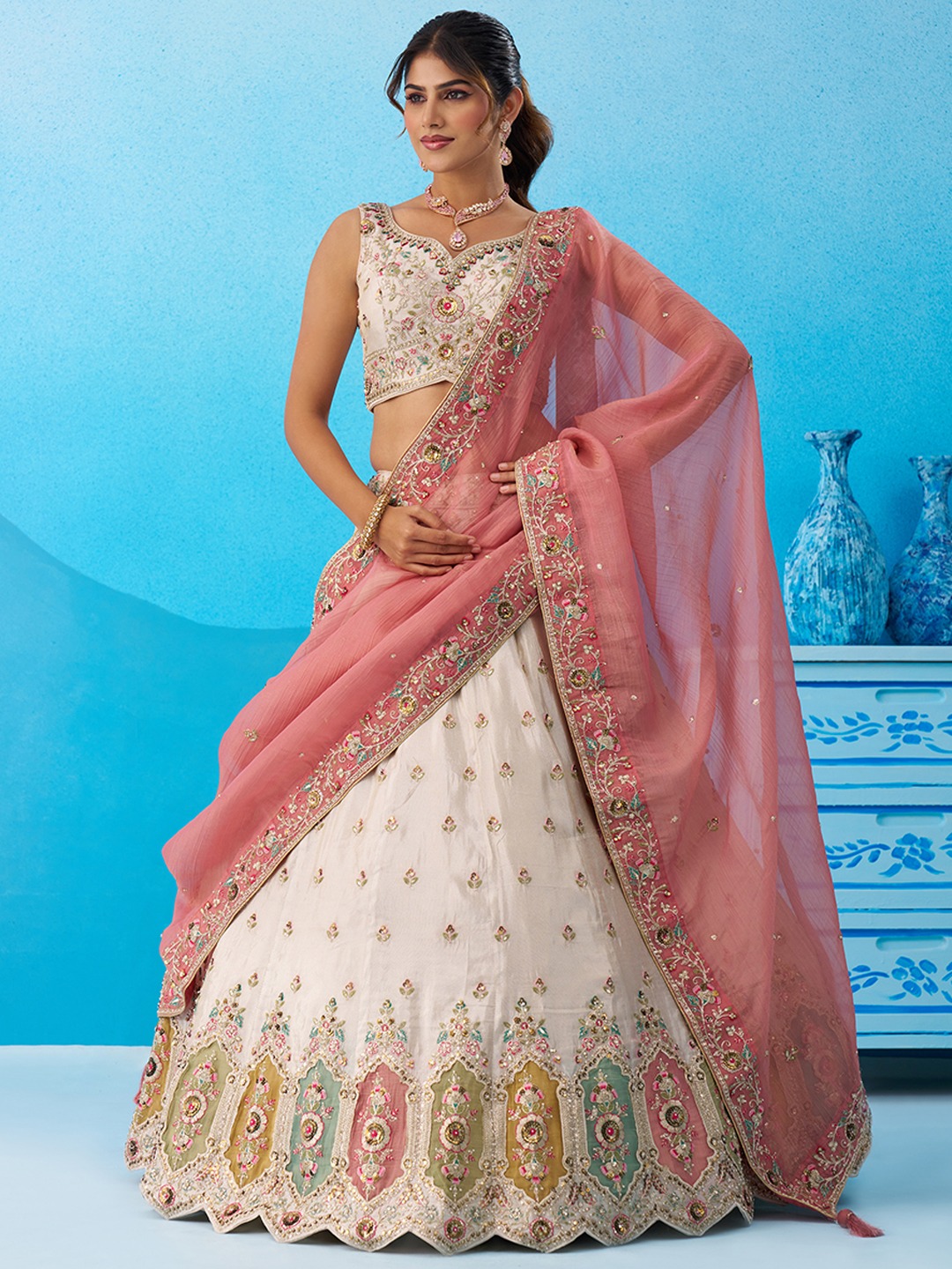 Cream Tissue Light Pink Dupatta Designer Sequins Lehenga Choli